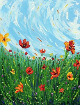 Vinilo de flores silvestres Cielo prado flores texturadas Pinturas al óleo